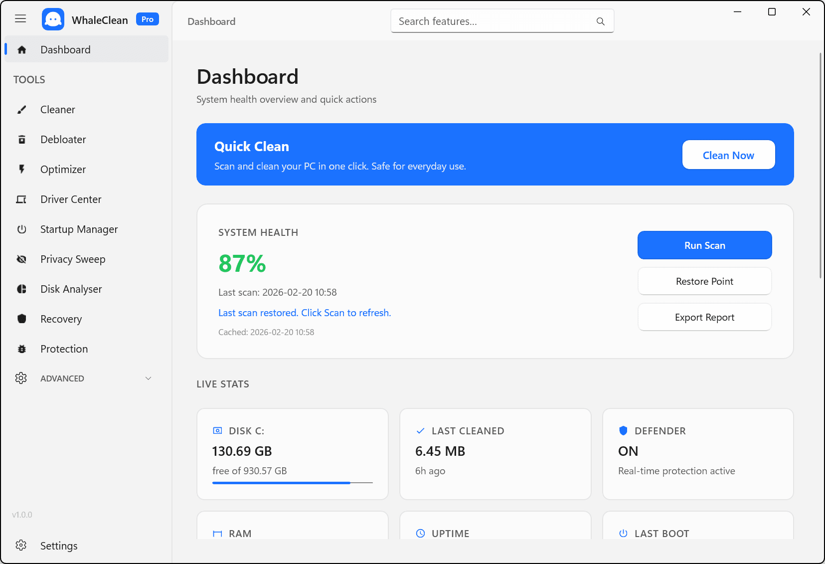 WhaleClean PC optimizer — Dashboard showing scan results and freed space